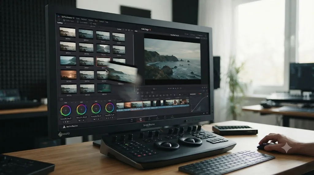 Illustration of a DaVinci Resolve Gallery panel with saved color stills being applied to a timeline clip