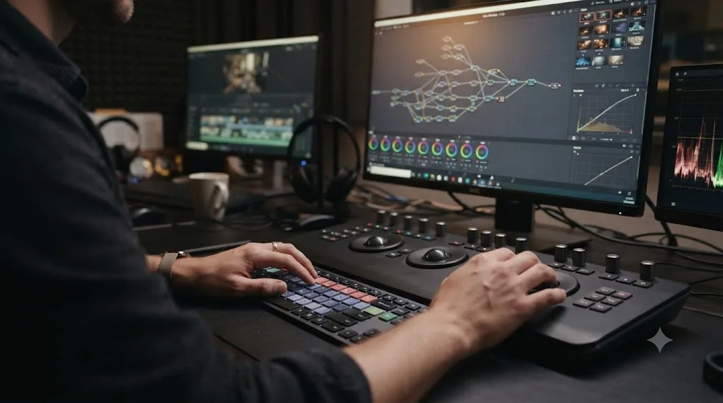 Illustration of a colorist's hands moving between a keyboard and a trackball in front of a DaVinci Resolve node graph