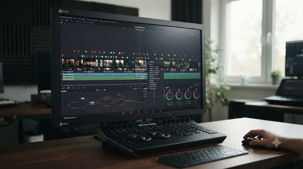 Illustration of a DaVinci Resolve timeline showing color-coded markers above clips with one marker being added at the playhead
