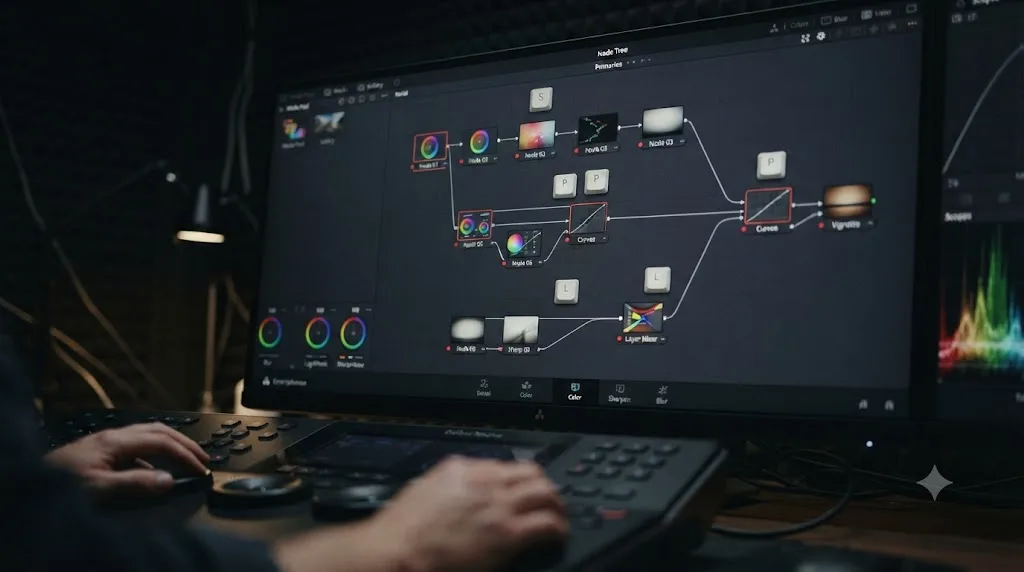 Illustration of serial, parallel, and layer nodes connected in a DaVinci Resolve node graph with keyboard shortcut icons beside each node type