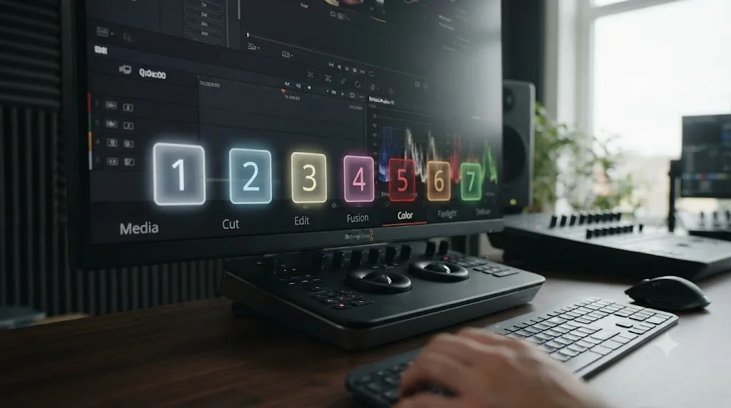 Illustration of DaVinci Resolve's page tabs with a corresponding number key shortcut floating above each page name
