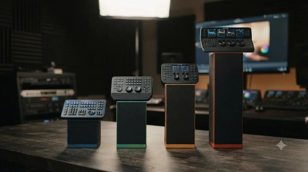 Illustration of a bar chart comparing weekly clip volume to recommended DaVinci Resolve grading hardware from keyboard-only to a full control panel