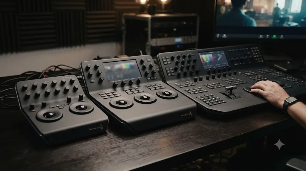 Illustration comparing the Micro, Mini, and Advanced DaVinci Resolve color grading control panels side by side