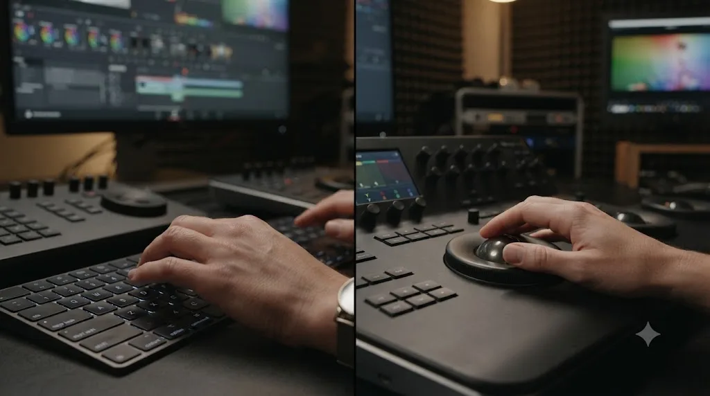 Illustration comparing a colorist's hand on a keyboard versus the same hand on a color grading control panel with trackballs