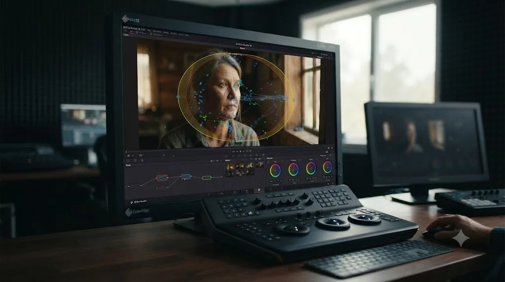 Illustration of a power window with tracking points following a subject's face across a DaVinci Resolve Color page frame