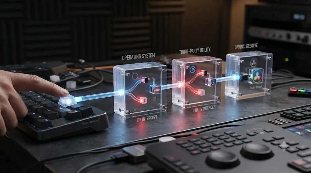 Illustration of a keyboard shortcut passing through operating system and utility layers before reaching DaVinci Resolve