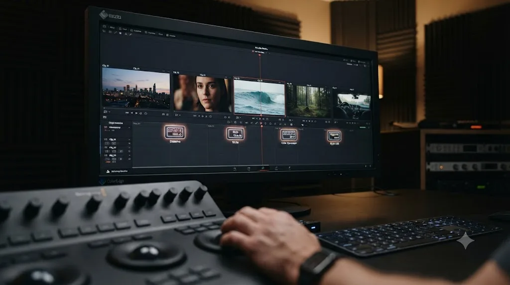 Illustration of five DaVinci Resolve timeline clips in sequence with keyboard shortcut icons marking the transitions between them