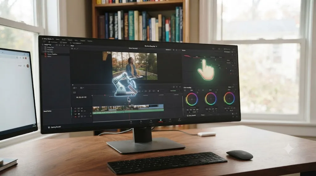 Illustration contrasting an AI editing agent actively cutting a DaVinci Resolve timeline with a separate assistant icon that only points at a control