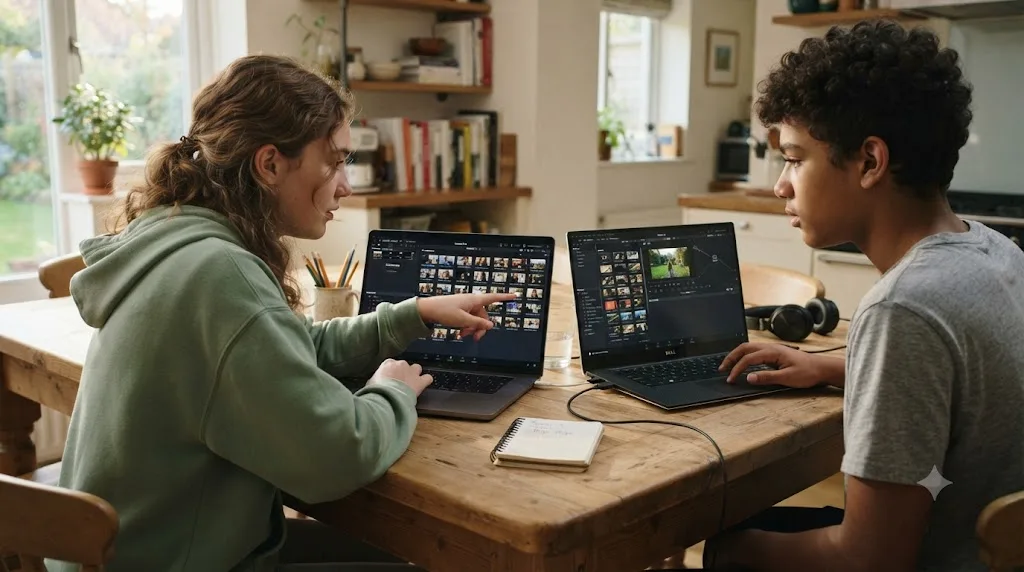 Illustration of two homeschool teenagers collaborating on separate laptops within the same shared DaVinci Resolve project
