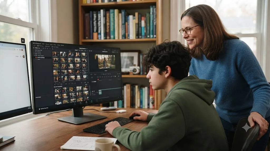 Illustration of a parent reviewing a folder of source footage with a teenager inside DaVinci Resolve during a supervised session