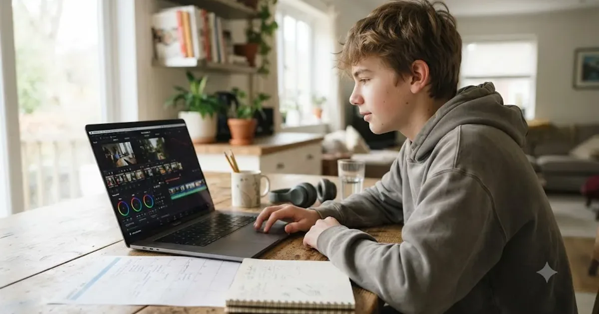 Illustration of a homeschool teenager building a DaVinci Resolve learning plan at a kitchen table workstation with a semester calendar nearby