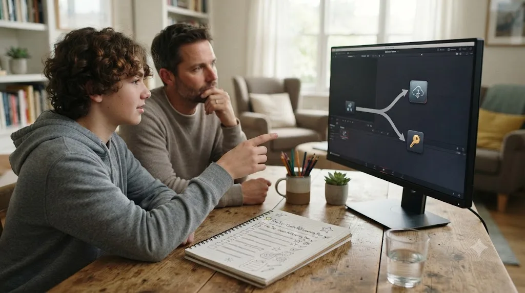 Illustration of a decision fork between DaVinci Resolve's free download and the paid Studio upgrade, with a checklist showing the free tier covers the learning plan