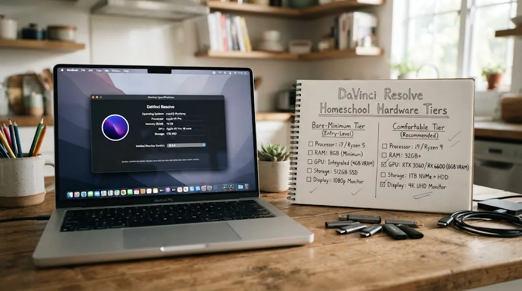 Illustration of a laptop showing a system specifications panel next to a checklist of hardware tiers for a homeschool DaVinci Resolve setup