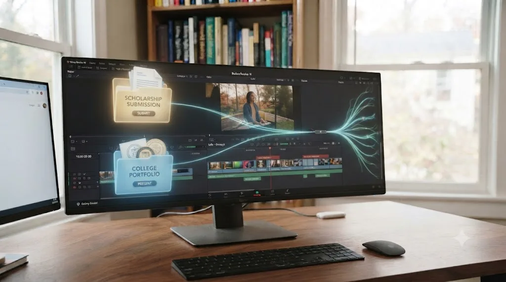 Illustration of a finished DaVinci Resolve project timeline branching into a scholarship submission folder and a college portfolio folder