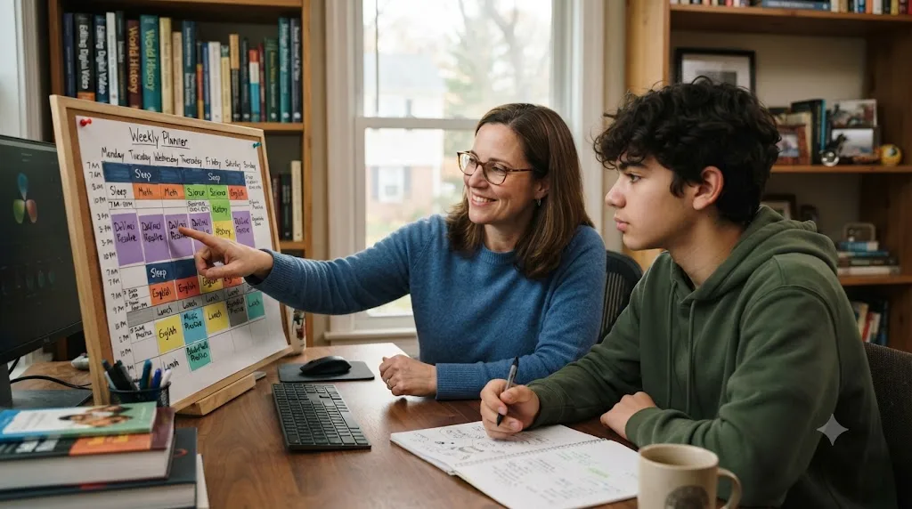 Illustration of a parent and teenager reviewing a balanced weekly schedule with DaVinci Resolve sessions blocked alongside other activities