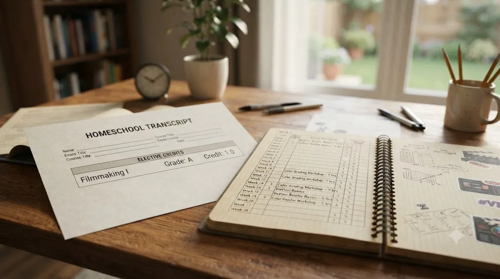 Illustration of a homeschool transcript showing a filmmaking elective credit line next to a logbook tracking hours across a calendar
