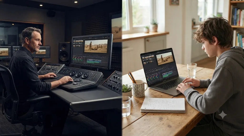 Illustration comparing a professional editing bay and a home kitchen table setup both running the identical DaVinci Resolve software