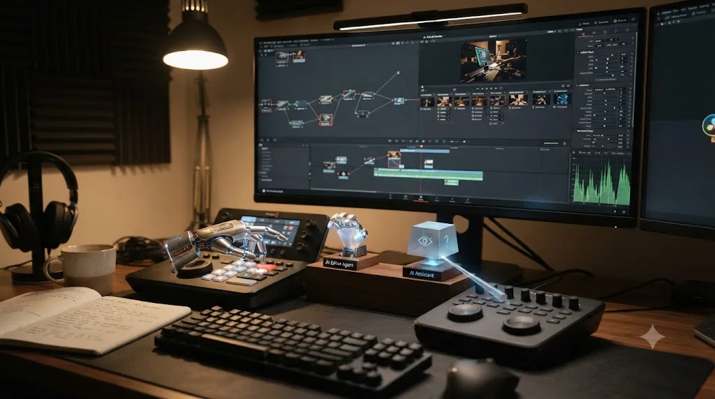 Illustration contrasting an AI editing agent actively cutting a DaVinci Resolve timeline with a separate assistant icon that only points at a control