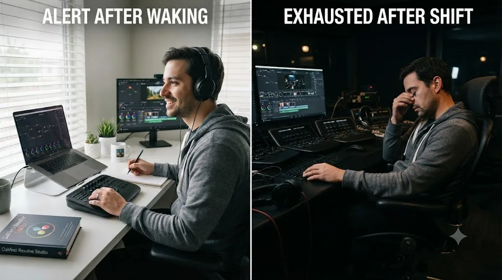 Illustration contrasting a night shift worker practicing while alert after waking versus exhausted at the end of a shift