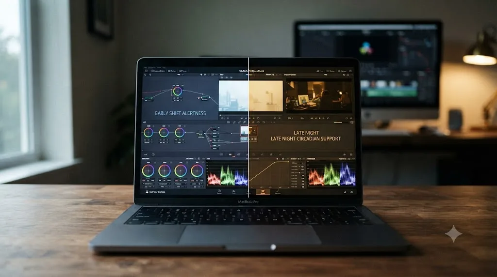 Illustration of a MacBook screen split between a cool-toned display and a warm Night Shift toned display for different points in a sleep cycle