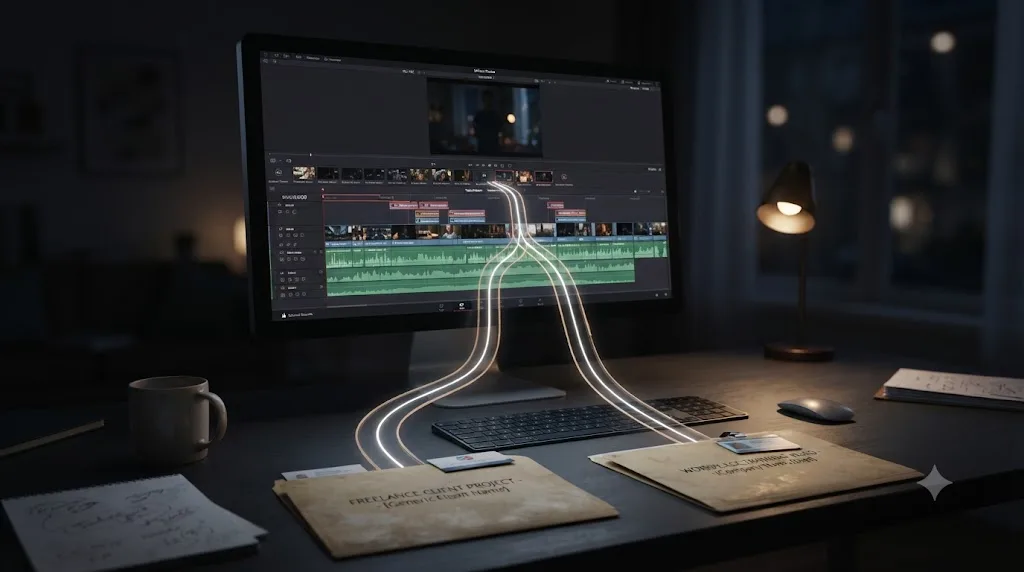 Illustration of a finished DaVinci Resolve project timeline branching toward a freelance folder and a workplace training video folder