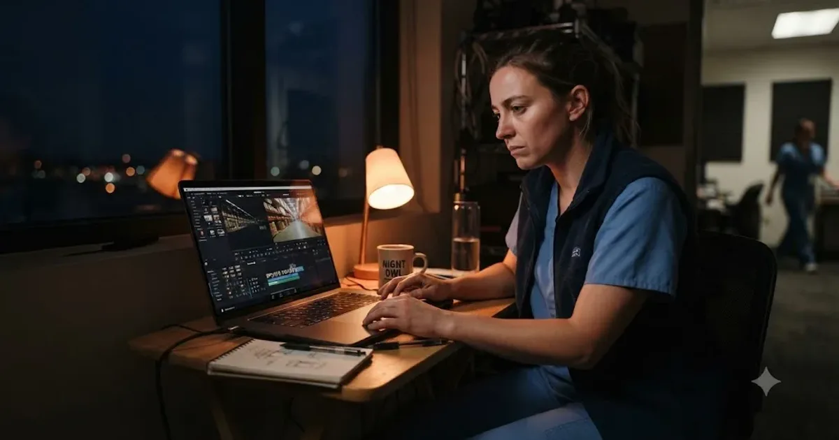 Illustration of a night shift worker practicing DaVinci Resolve at a desk lit by a warm-toned monitor before dawn