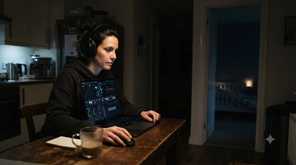 Illustration of a parent working quietly at a kitchen table with headphones on while the rest of the household sleeps nearby