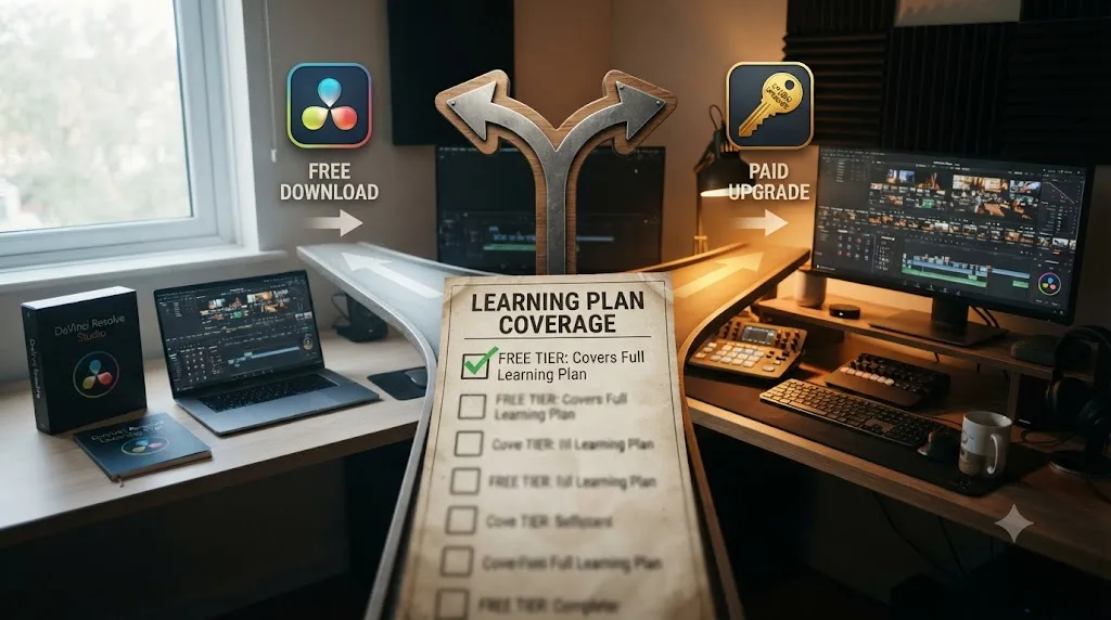 Illustration of a decision fork between DaVinci Resolve's free download and the paid Studio upgrade, with a checklist showing the free tier covers the plan