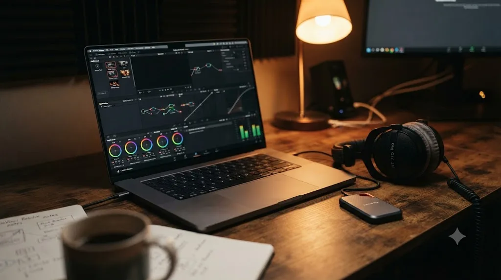 Illustration of a laptop running DaVinci Resolve with headphones and a small external SSD drive on a desk