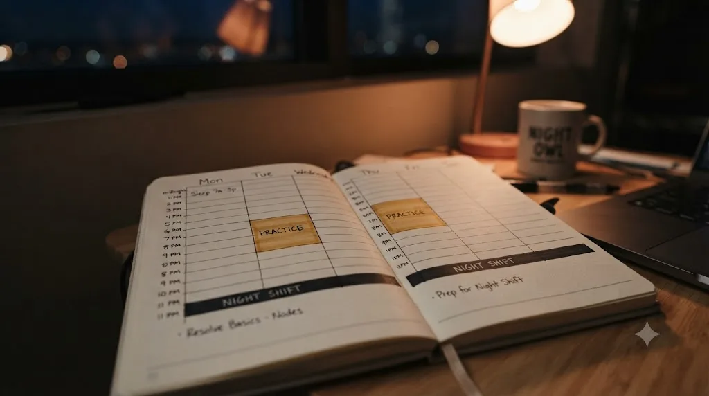 Illustration of a weekly planner grid with practice sessions positioned around a night shift schedule instead of a standard workweek