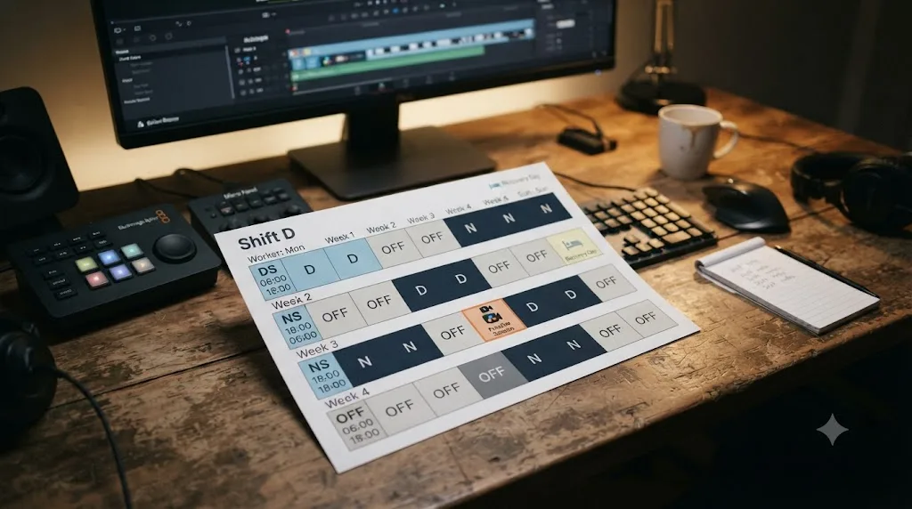 Illustration of a rotating shift calendar with recovery days highlighted and a single practice session placed in the longest off-stretch