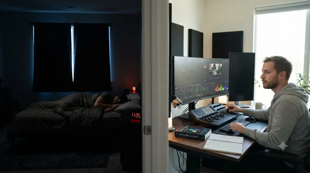 Illustration contrasting a fully blacked-out bedroom for daytime sleep with a bright separate desk setup for a practice session