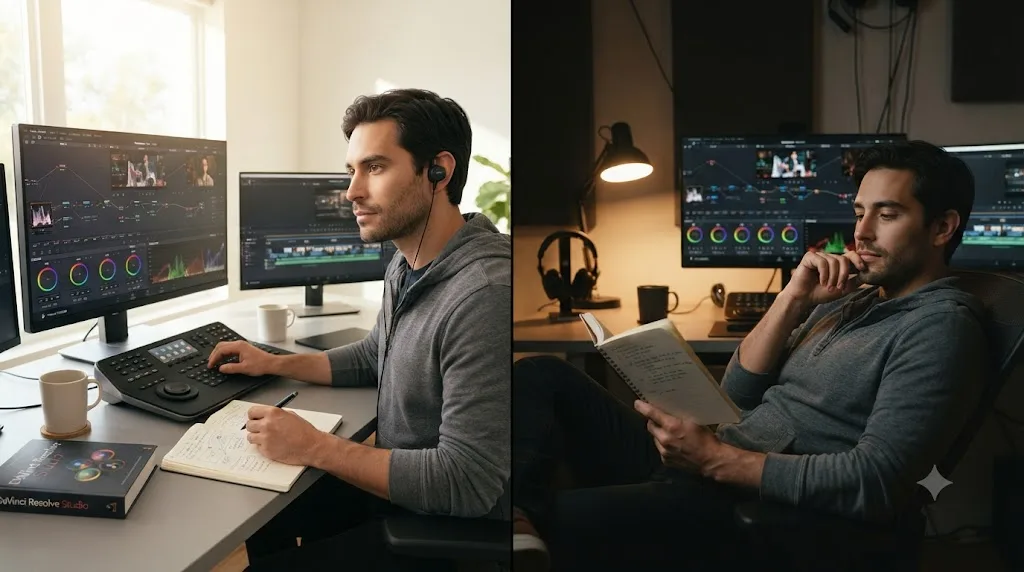 Illustration contrasting a person confidently building a color grade while alert against calmly reviewing notes during a lower-energy window