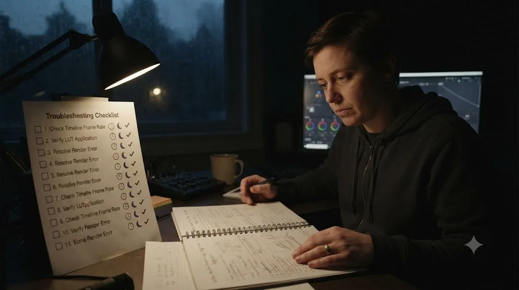 Illustration of a troubleshooting checklist with clock and moon icons next to a night shift worker reviewing a practice log
