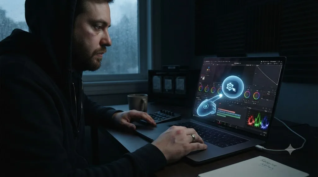 Illustration of an assistant overlay pointing at a specific control inside DaVinci Resolve in a dimly lit room at an early morning hour