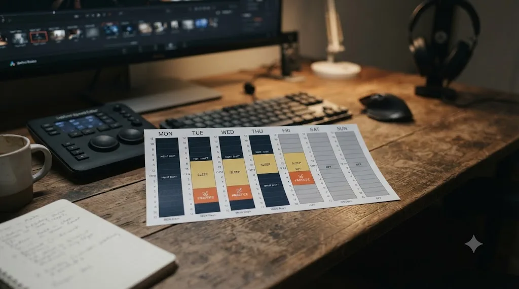 Illustration of a seven-day calendar strip showing a 4-on/3-off night shift pattern with two highlighted practice sessions