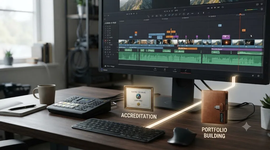 Illustration of a finished DaVinci Resolve project timeline branching toward a certificate icon and a portfolio folder icon representing next steps