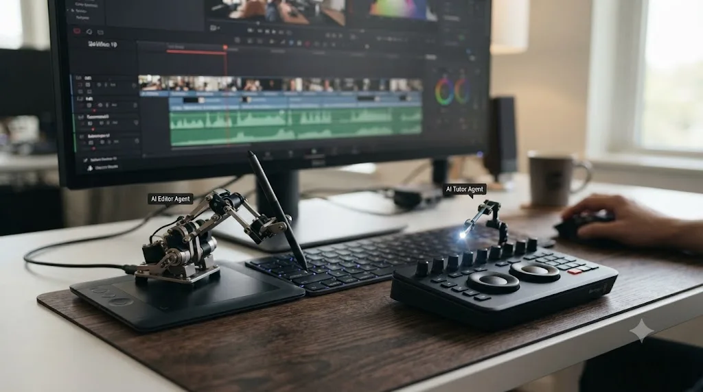 Illustration contrasting an AI editing agent actively cutting a DaVinci Resolve timeline with a separate AI tutor icon that only points at a control