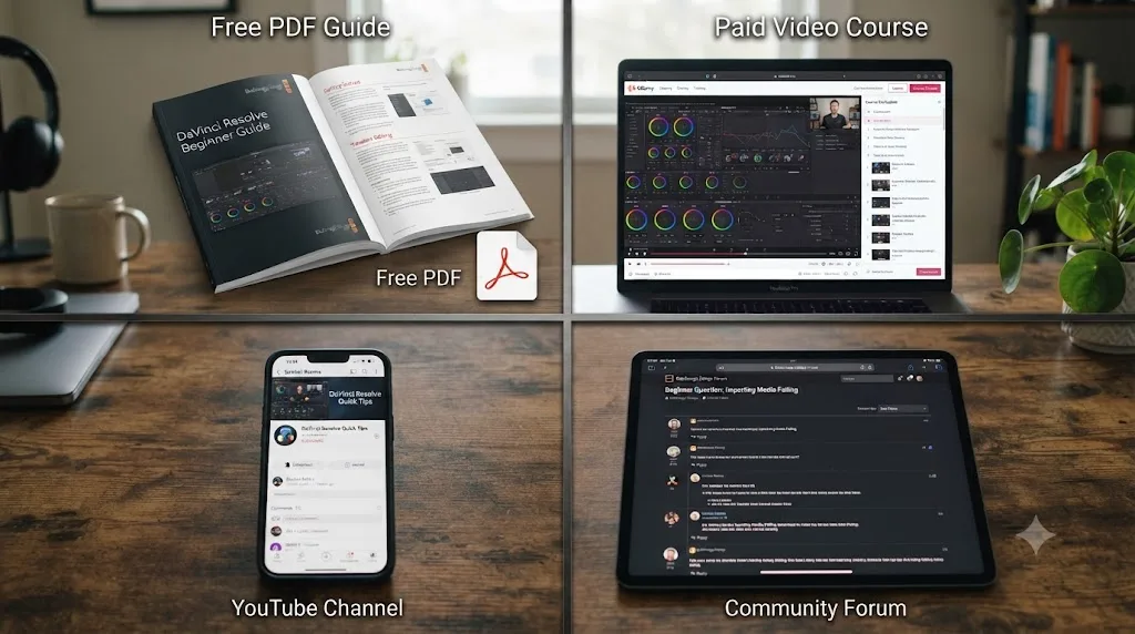 Illustration of a four-way comparison grid showing icons for Blackmagic's free guides, a paid video course, a YouTube channel, and a community forum