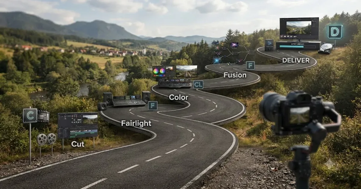 Illustration of a winding roadmap path leading through DaVinci Resolve's Cut, Fairlight, Color, and Fusion pages toward a finished export