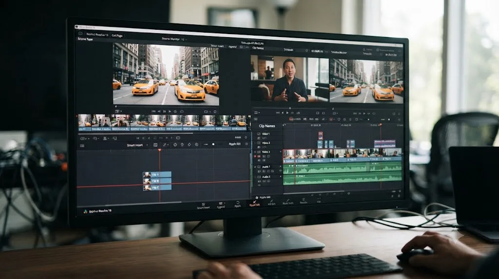 Illustration comparing DaVinci Resolve's Cut page source tape interface to the traditional Edit page timeline layout