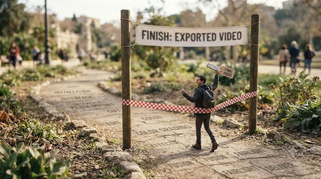 Illustration of a finish line at the end of a roadmap path with a figure holding a finished exported video file