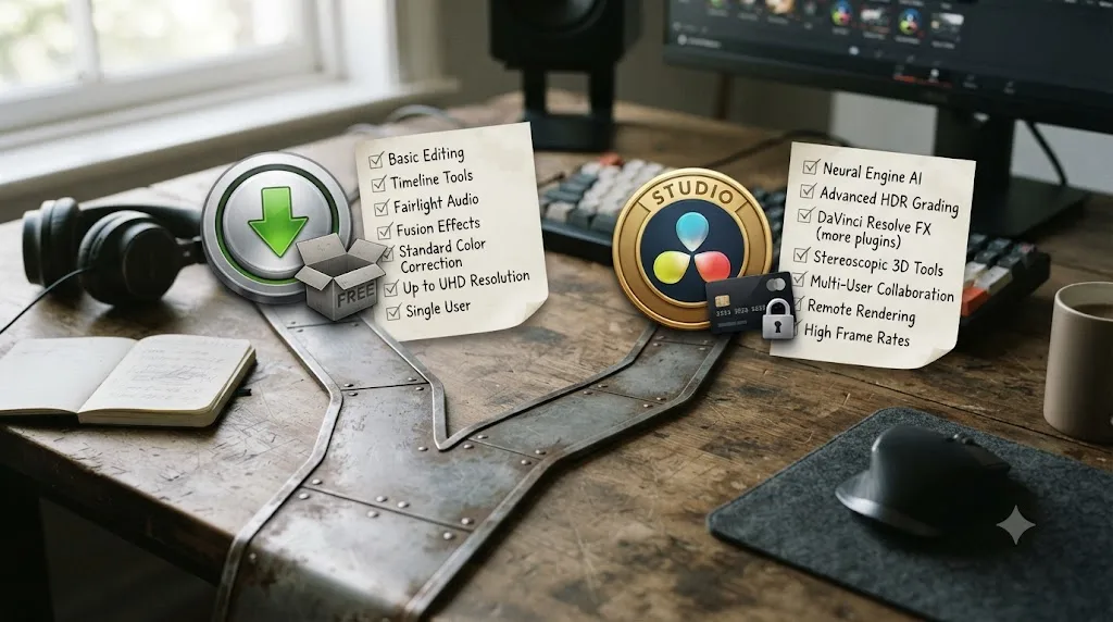 Illustration of a decision fork between DaVinci Resolve's free download and the paid Studio upgrade, with feature checklists on each path