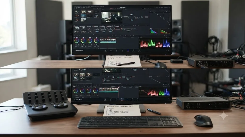 Illustration comparing DaVinci Resolve's default page tab order to a recommended beginner learning order with Fusion and Color swapped