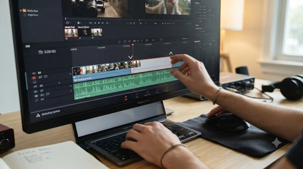Illustration of hands trimming a video clip on DaVinci Resolve's Edit page timeline with in and out point markers visible