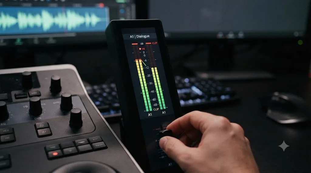 Illustration of a DaVinci Resolve Fairlight audio meter showing a clipping level being corrected to a safe range