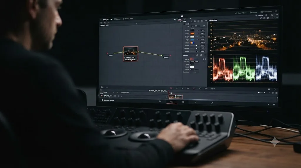Illustration of a DaVinci Resolve Color page showing a single serial node connected to a clip with a waveform scope for reference