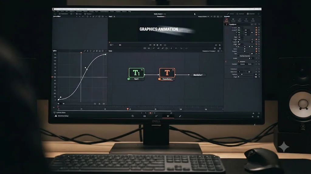 Illustration of a DaVinci Resolve Fusion node graph showing a Text+ node connected to a Transform node with two animation keyframes