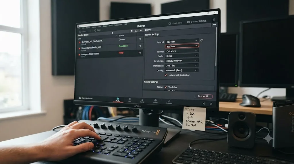 Illustration of a DaVinci Resolve Deliver page render queue with export settings being matched to a destination platform