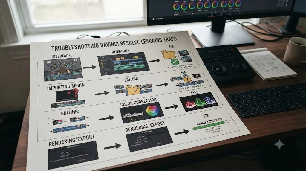 Illustration of a troubleshooting flowchart showing common beginner traps at each DaVinci Resolve learning stage paired with their fixes